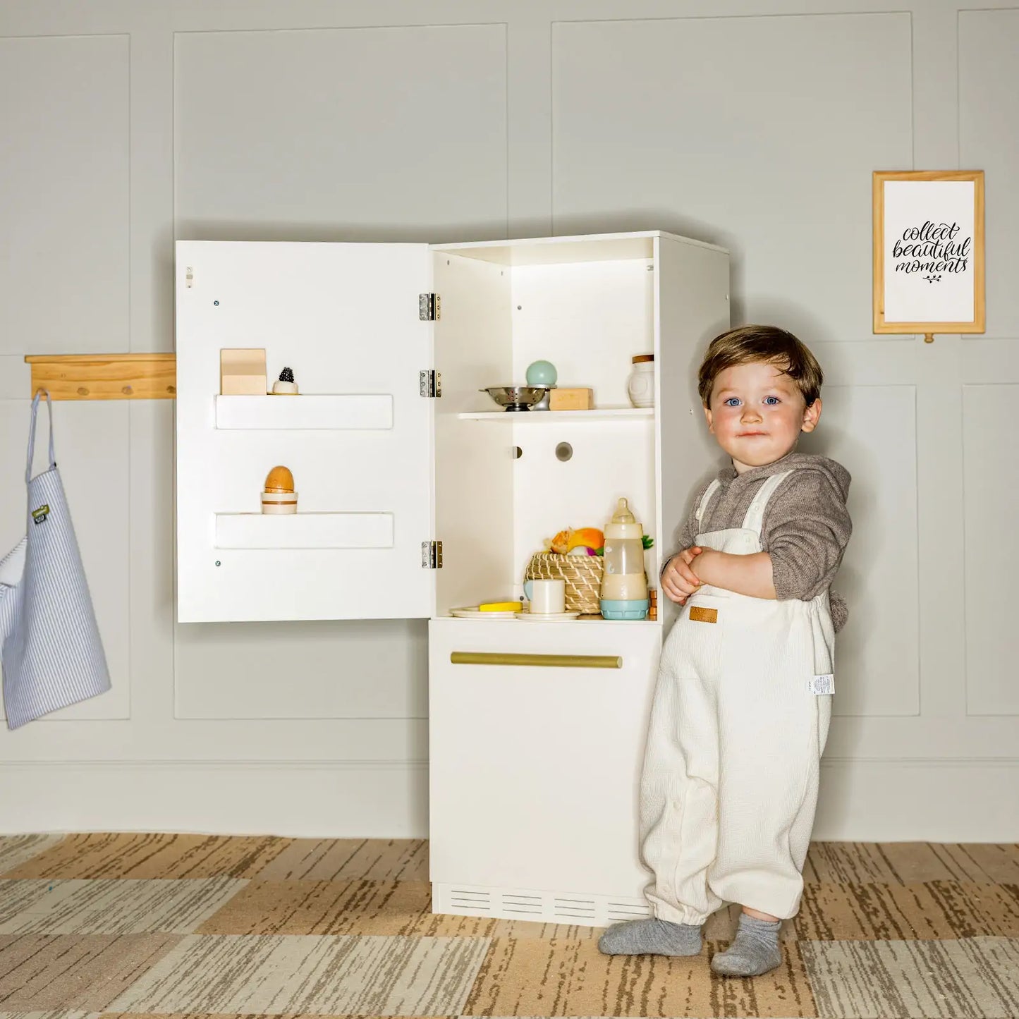 Tiny Land® Play Kitchen Accessories – Play Kitchen Fridge: Wooden Cabinet Refrigerator for Kids
