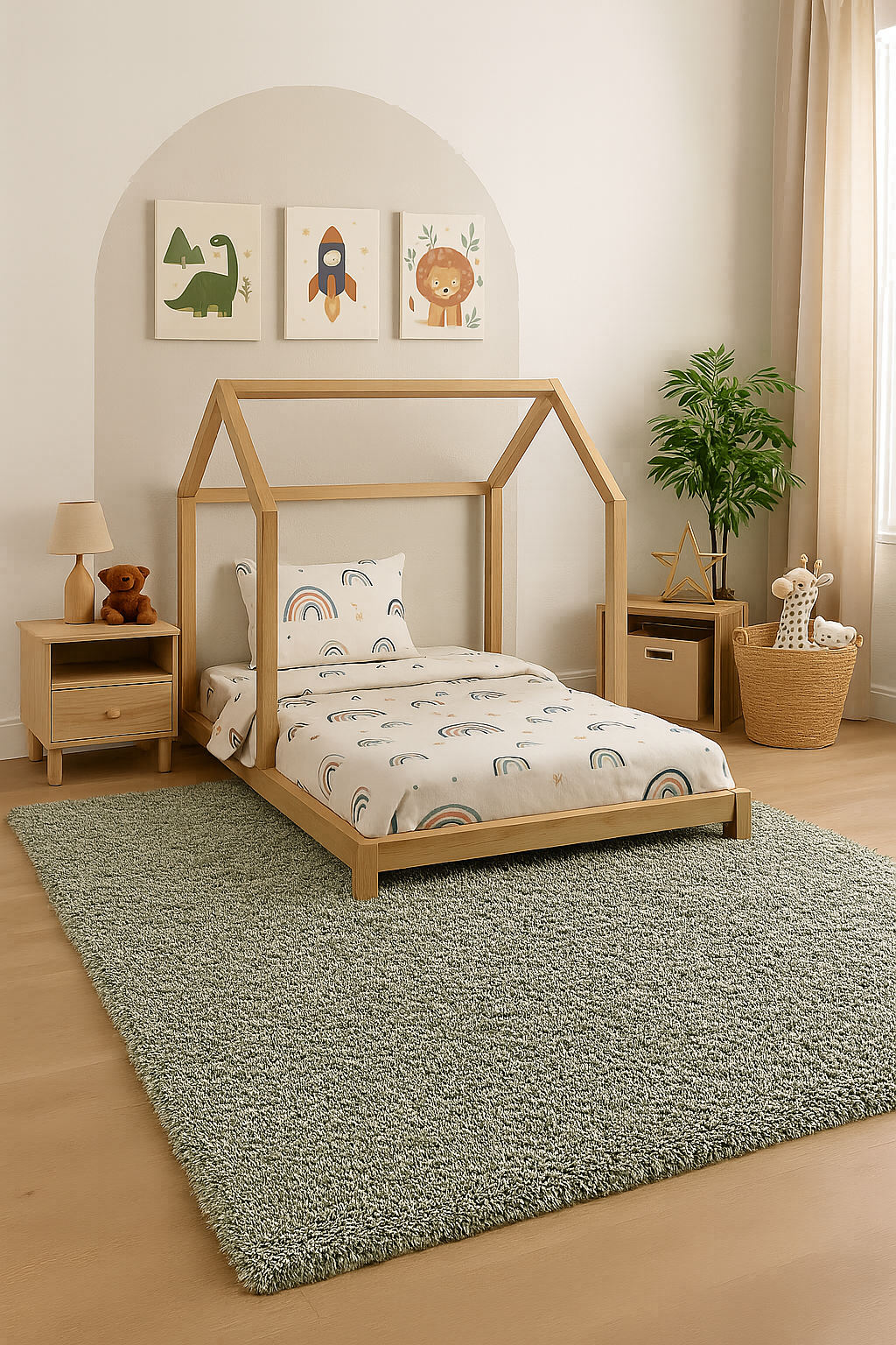 Faina Solid Green Shag Rug Washable