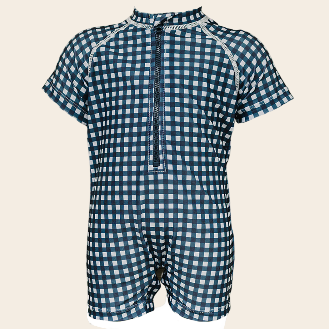 Navy Gingham Zipper Swimsuit