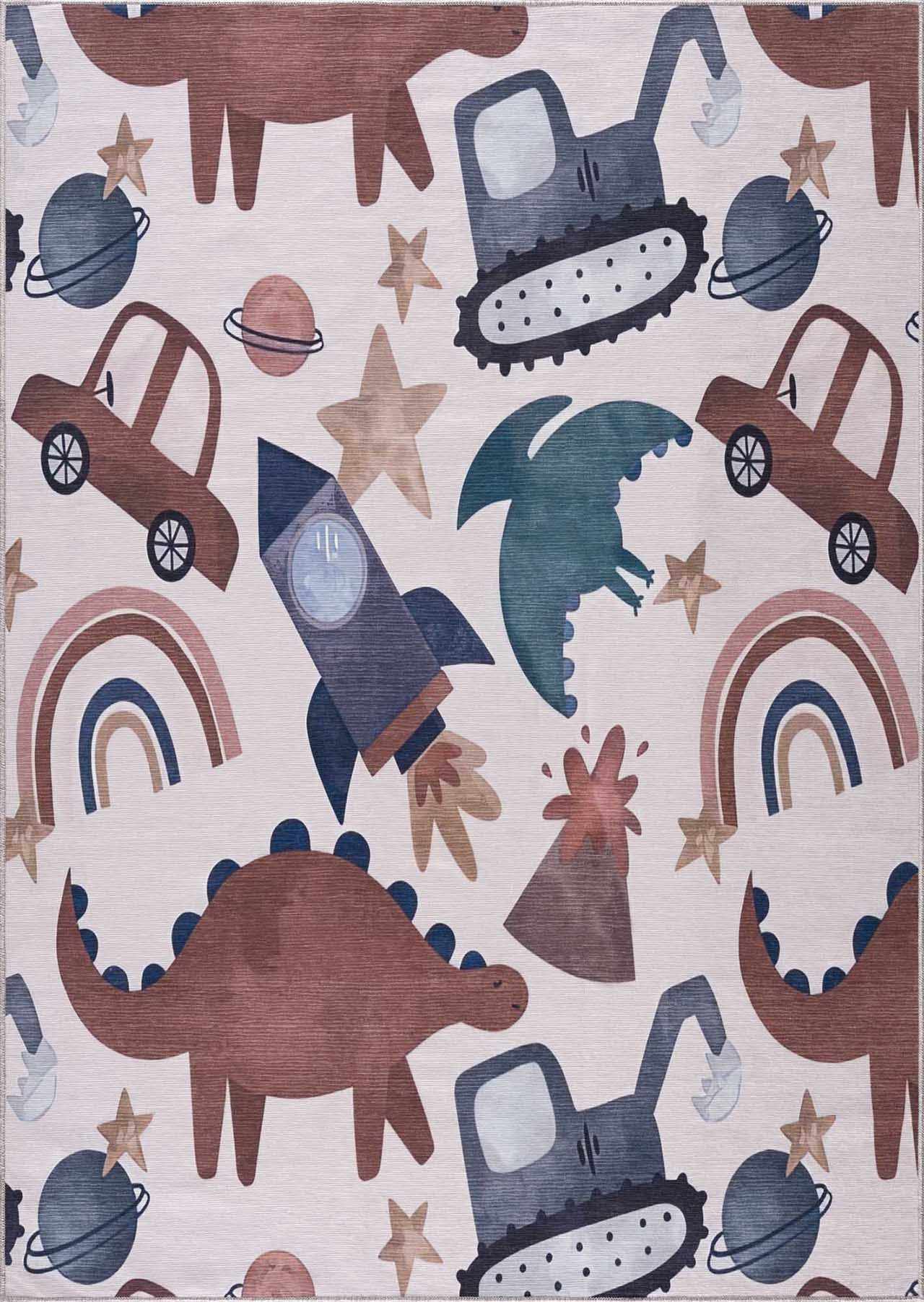 Libra Washable Kids Rug - Dinosaur rocket car rainbow