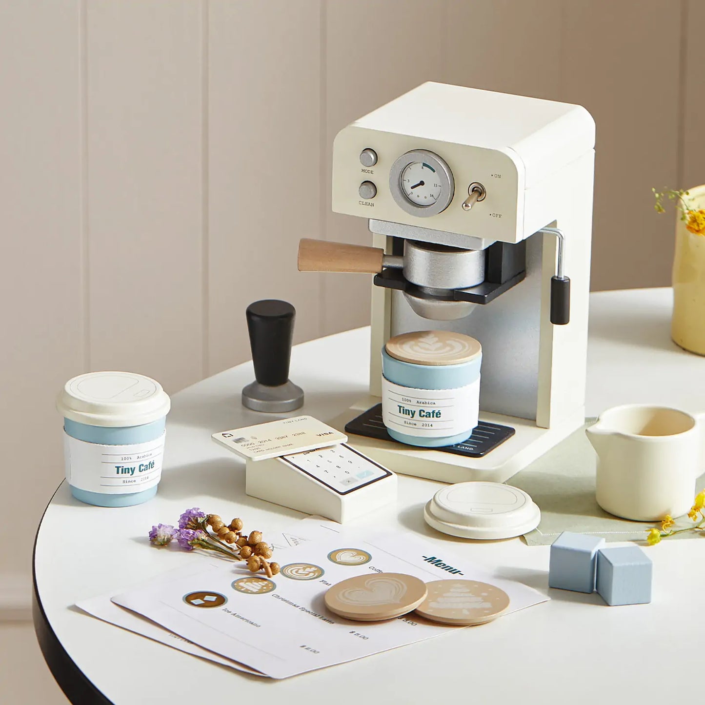 Tiny Land® Play Kitchen Accessories – Children’s Coffee Maker: Wooden Café Play Set for Kids