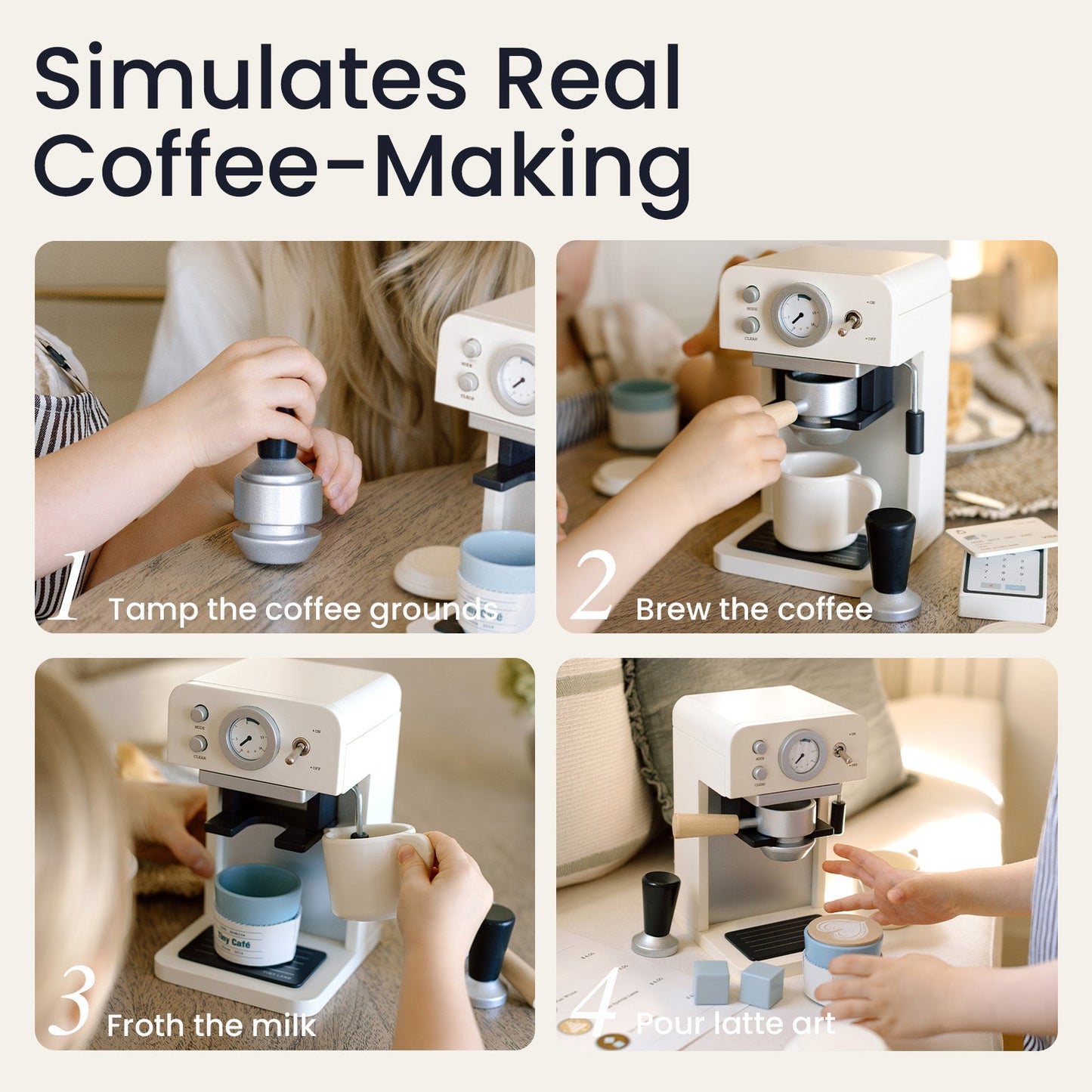 Tiny Land® Play Kitchen Accessories – Children’s Coffee Maker: Wooden Café Play Set for Kids