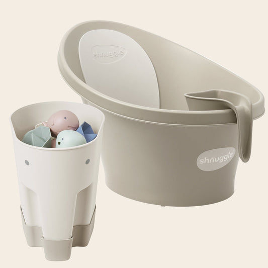 Baby Bathtime Essentials Bundle | Newborn Baby Bath with Support, Rinse Jug, and Ellie Bath Toy Scoop - Taupe