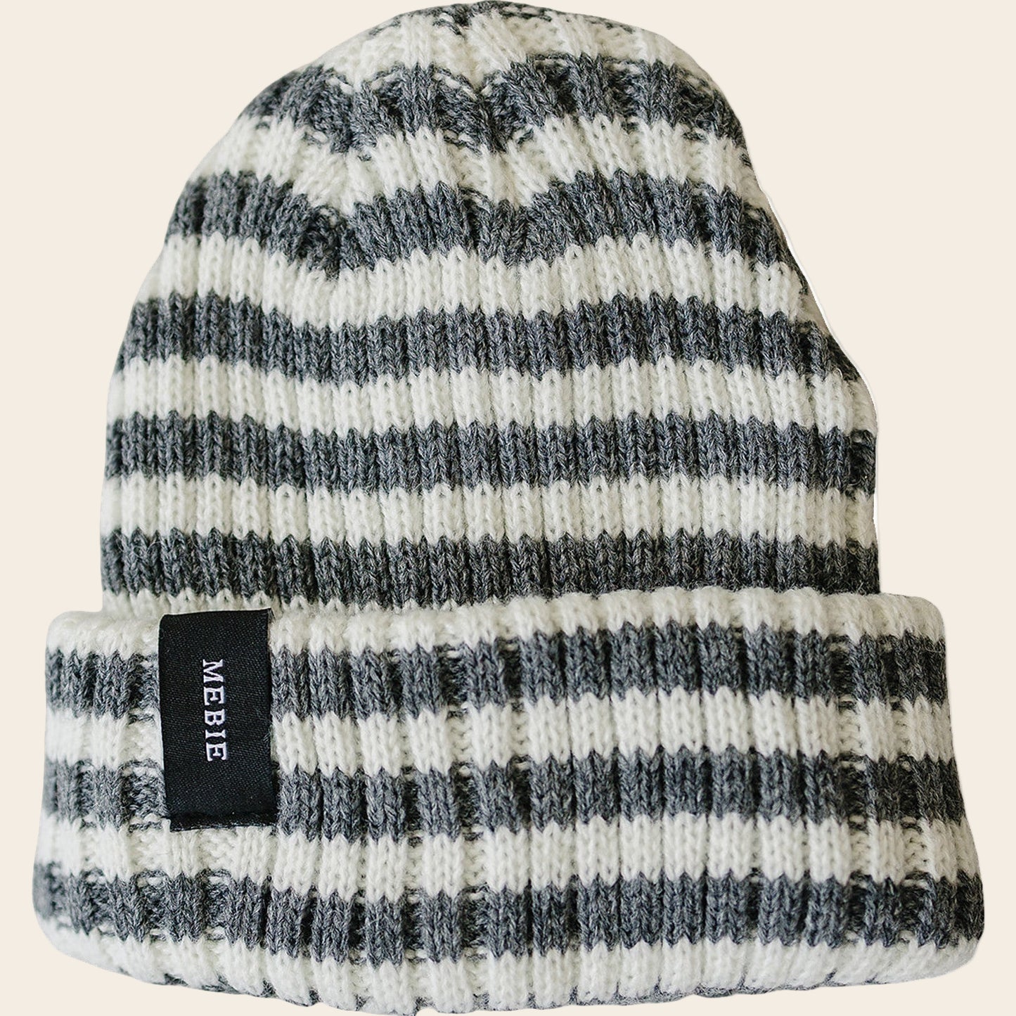 Grey & White Stripe Chunky Knit Beanie
