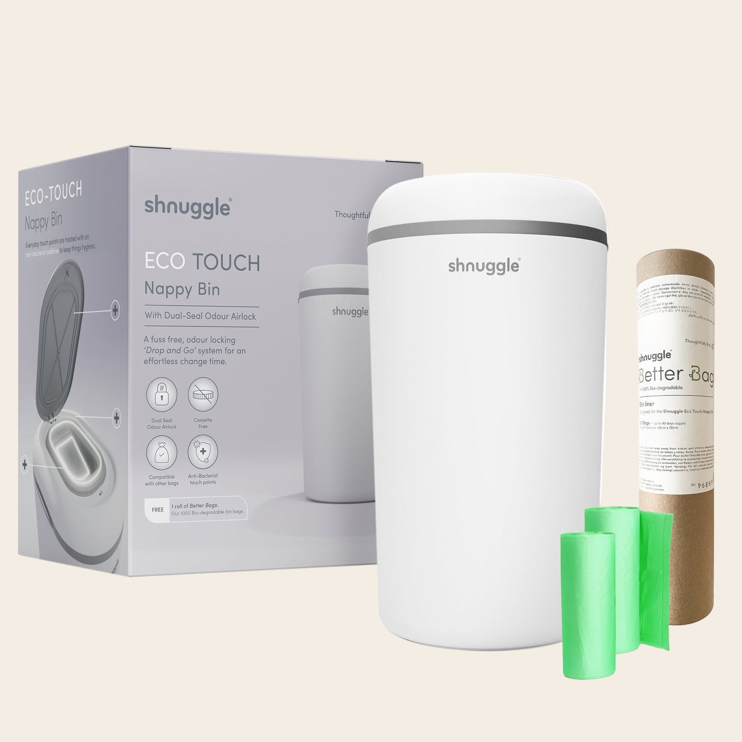 Shnuggle Eco-Touch Nappy Bin Diaper Pail + 30 Better Bag Liners