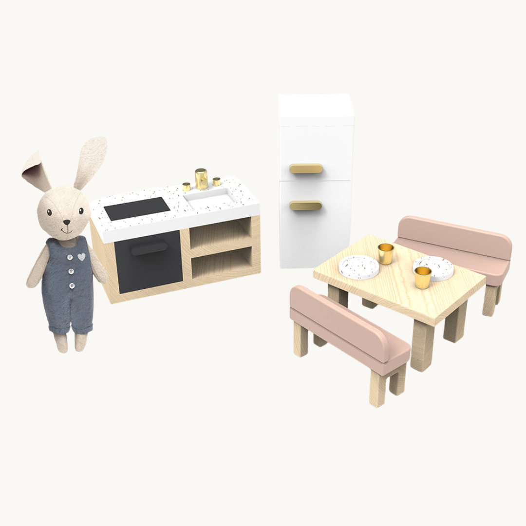 Doll House Kitchen set w/4 chairs incl. 1 character