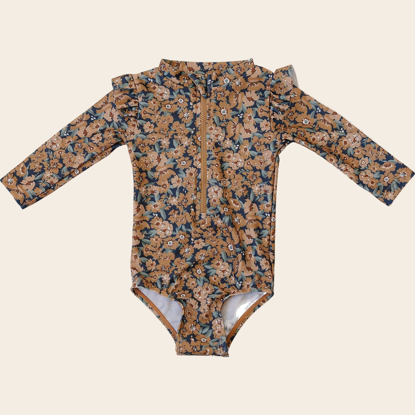 Venetian Floral Long Sleeve Ruffle Zipper One-Piece