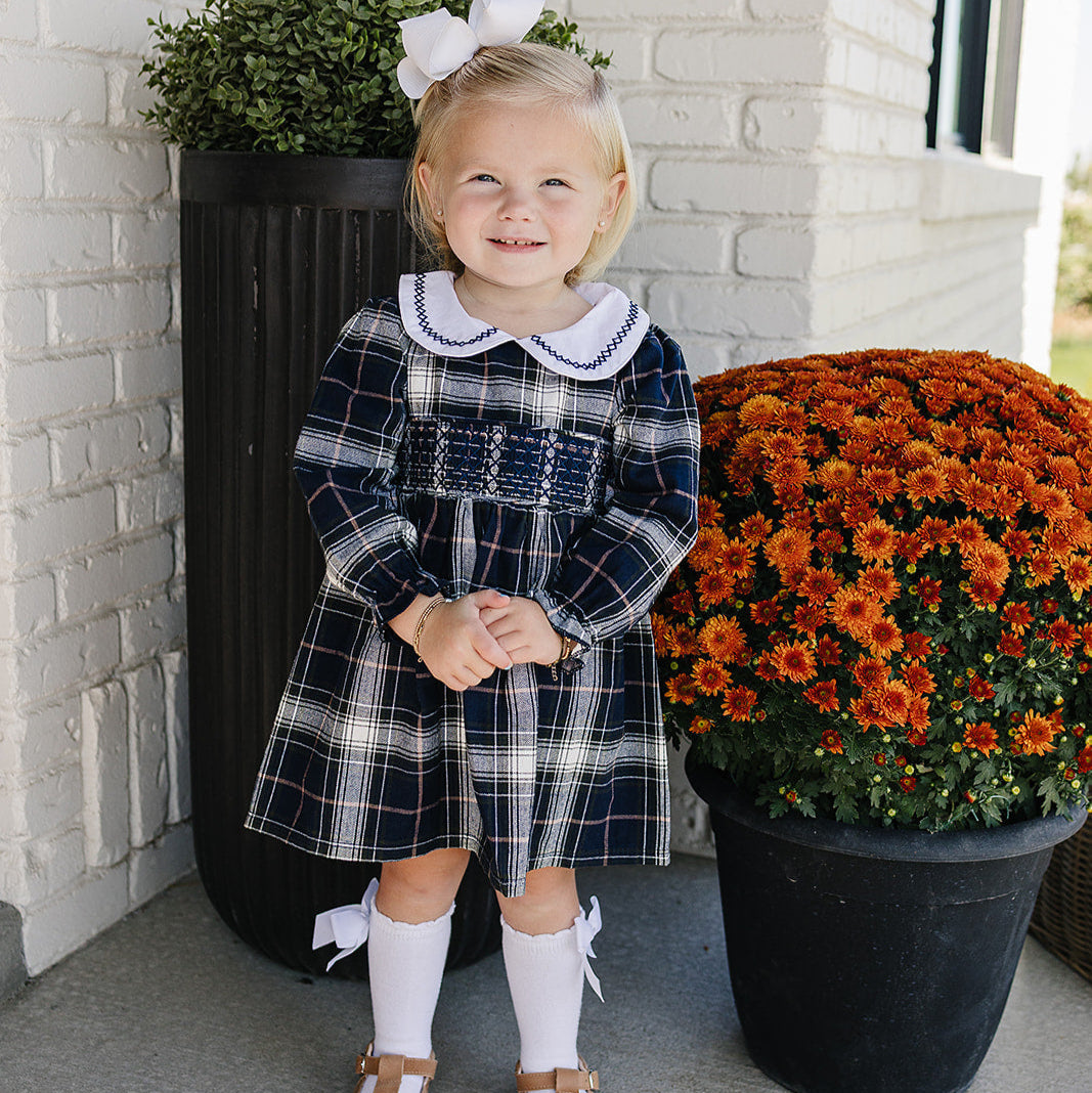 Navy Plaid Smocked Dress