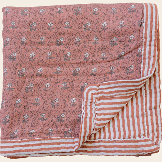 Vintage Pink Floral + Pink Stripes Muslin Quilt