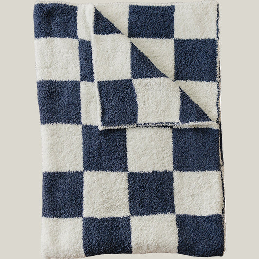 Navy Checkered Plush Blanket