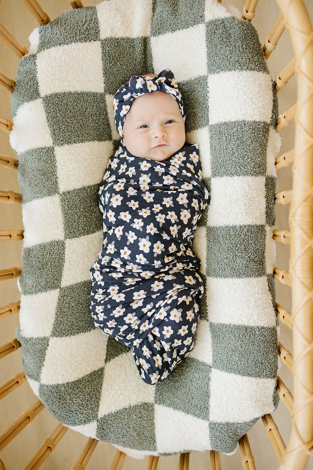 Navy Daisy Ribbed Bamboo Stretch Swaddle
