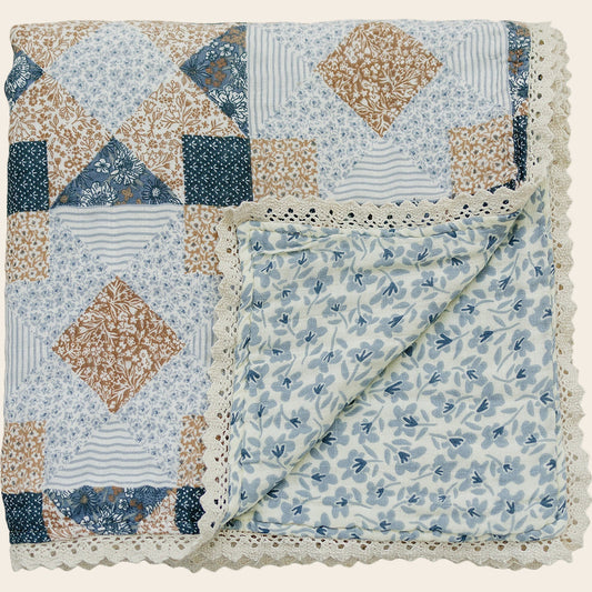 Patchwork Print + Blue Blossom Lace Muslin Quilt